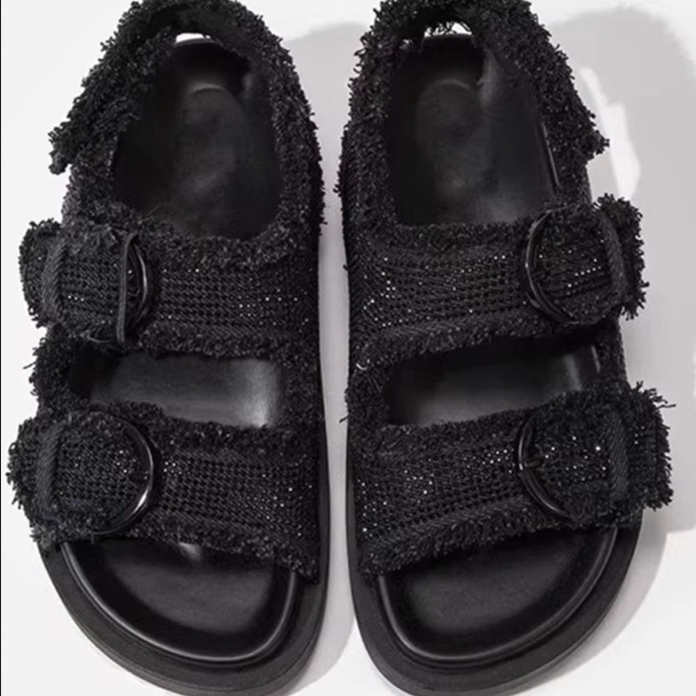 Zara Black Frayed Platform Sandals Rhinestone Buckle Size 40